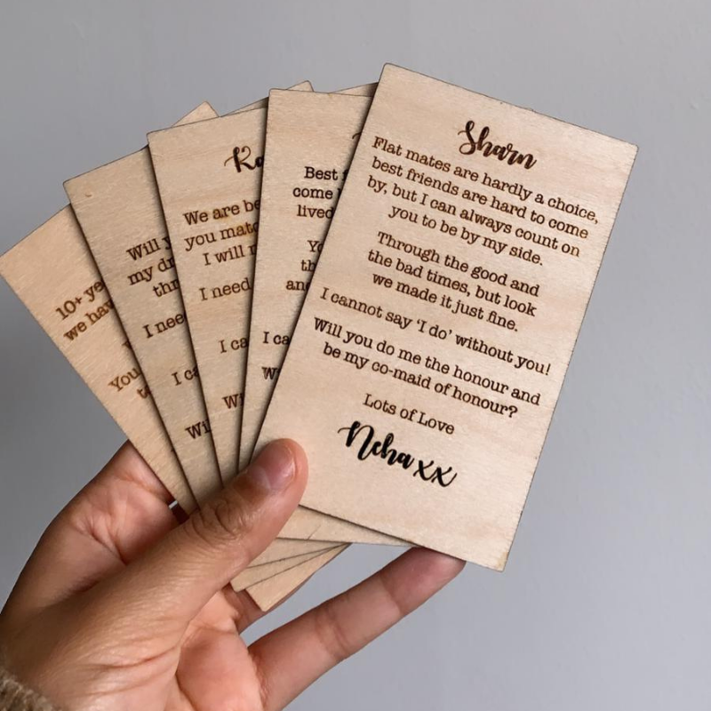 Multiple Personalised wooden engraved card with name and text 