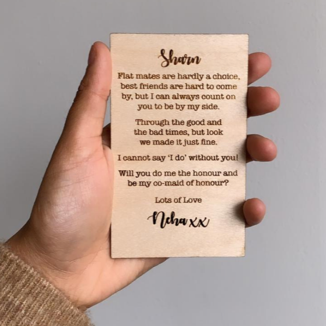 Personalised wooden engraved card as co maid of honour gift