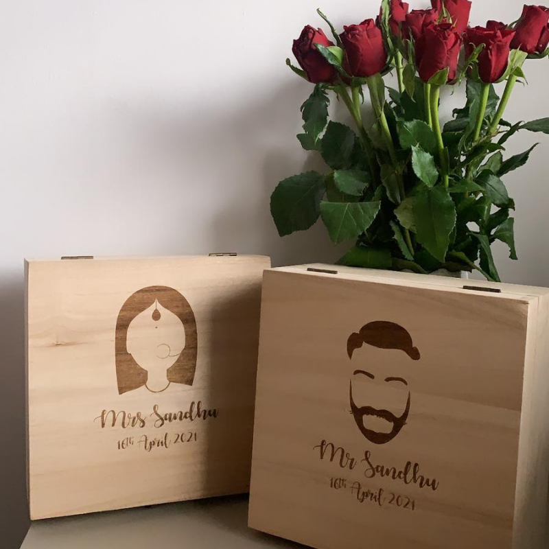 Personalised wooden square boxes with lady logo and non-turban man logo