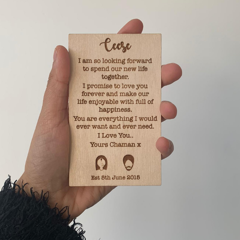 Personalised wooden engraved card with name, text and logos
