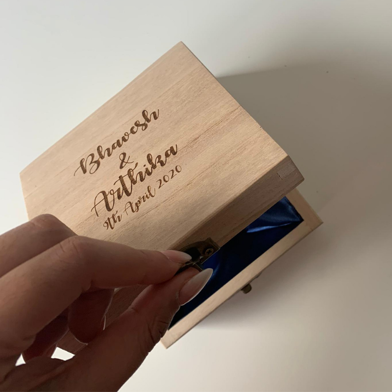 Personalised wooden square box with names and navy lining