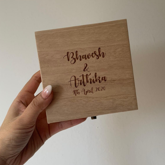 Personalised wooden square box with names and date