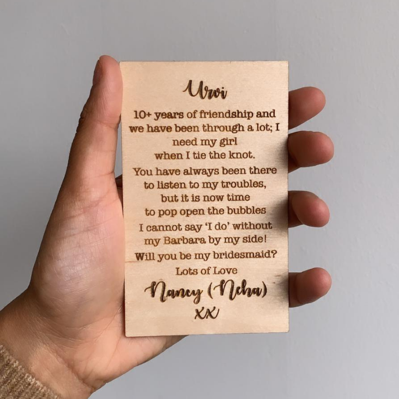 Personalised wooden engraved card as bridesmaid gift