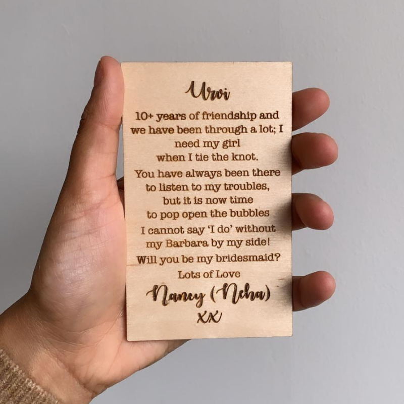 Personalised wooden engraved card with name, text and logos
