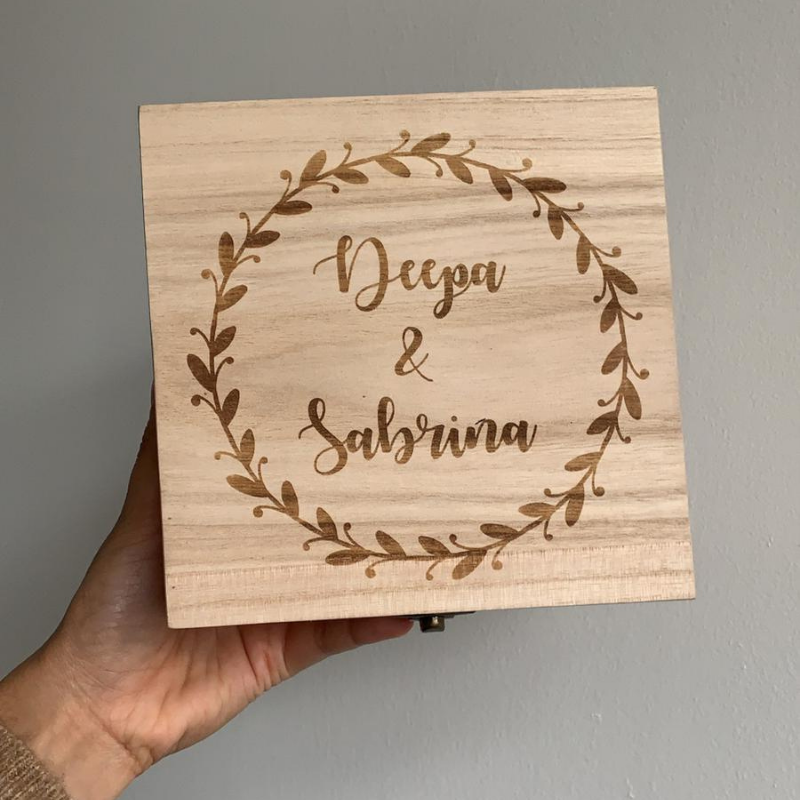 Personalised wooden square box with names and wreath logo