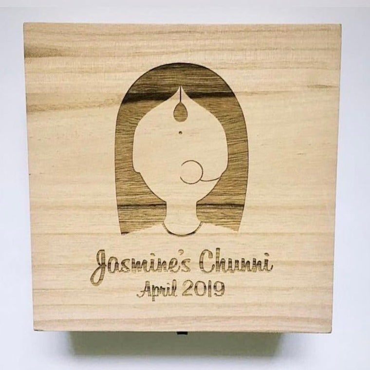 Wooden chunni box woman logo