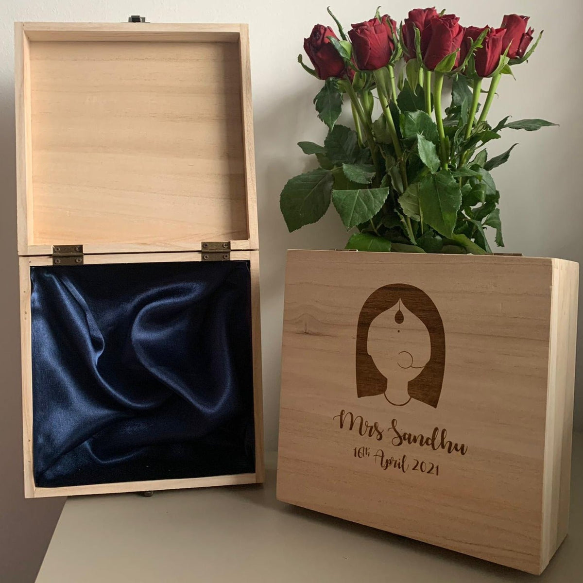 Wooden chunni box woman logo and wooden box with navy lining