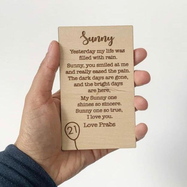 Hand holding Wooden birthday card personalised